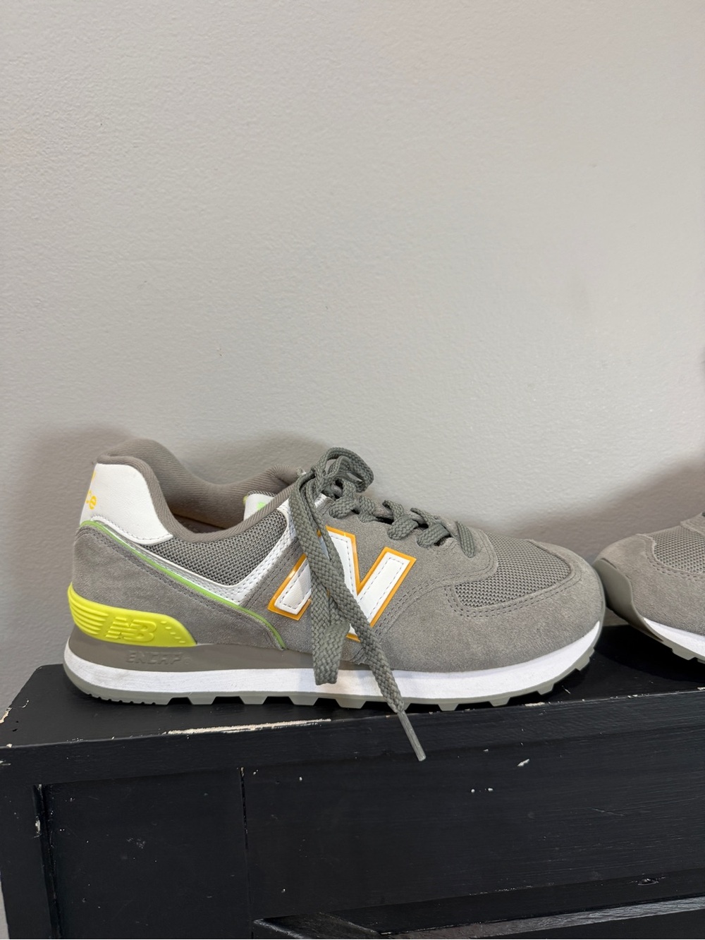 New Balance Women's Gray Suede & Mesh Sneakers with Yellow Trim